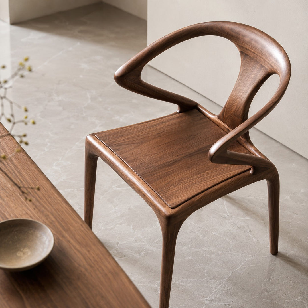 Modern Dining Chair with Sculpted Backrest Cushioned Seat in Walnut Veneer for Dining Room