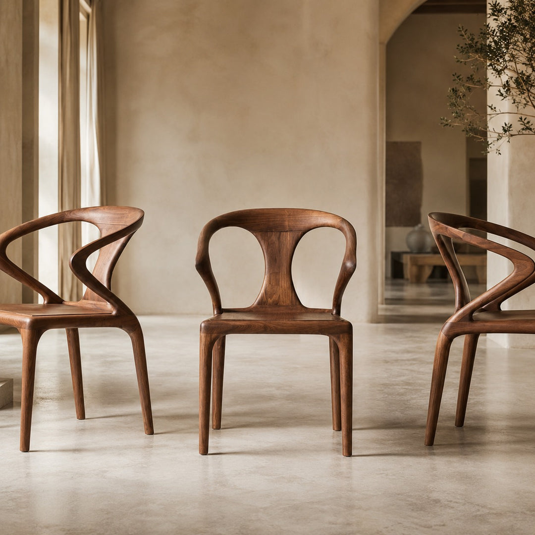 Modern Dining Chair with Sculpted Backrest Cushioned Seat in Walnut Veneer for Dining Room