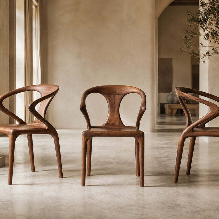 Modern Dining Chair with Sculpted Backrest Cushioned Seat in Walnut Veneer for Dining Room