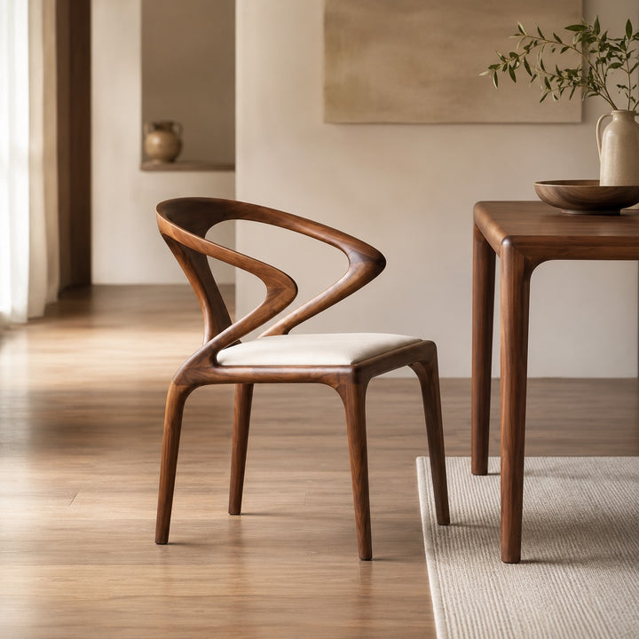 Modern Dining Chair with Sculpted Backrest Cushioned Seat in Walnut Veneer for Dining Room