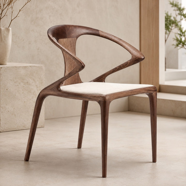 Modern Dining Chair with Sculpted Backrest Cushioned Seat in Walnut Veneer for Dining Room