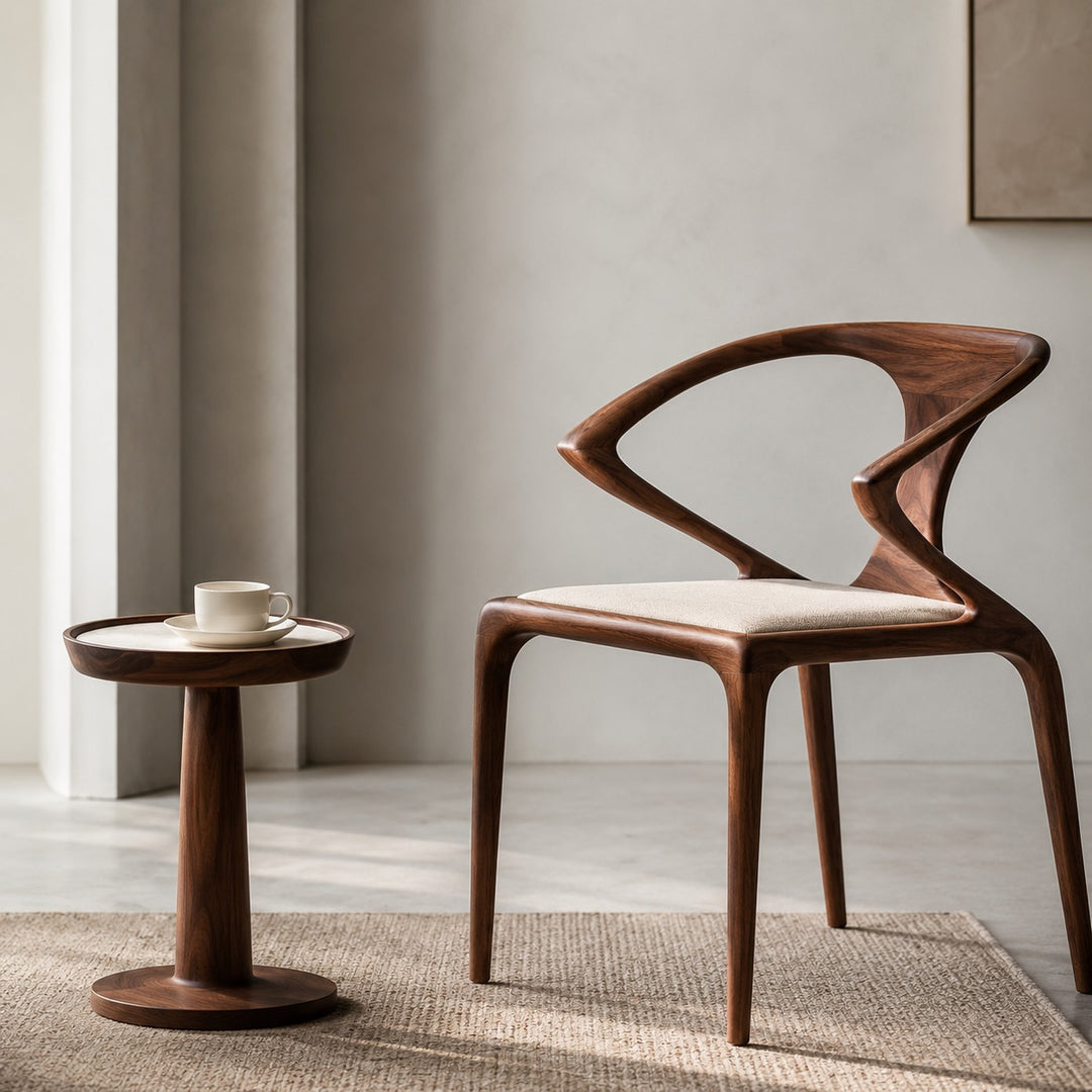 Modern Dining Chair with Sculpted Backrest Cushioned Seat in Walnut Veneer for Dining Room