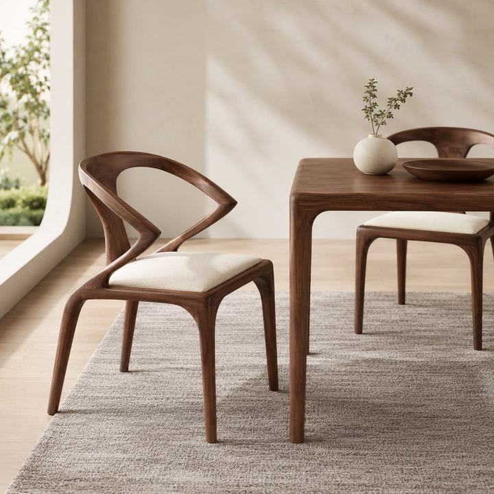 Modern Dining Chair with Sculpted Backrest Cushioned Seat in Walnut Veneer for Dining Room