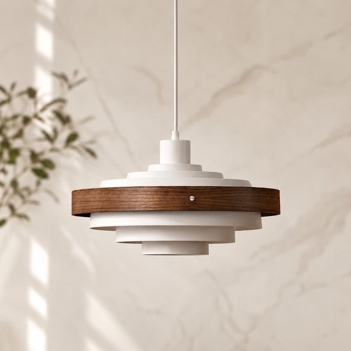 Modern Drum Pendant Light Hanging Adjustable Height Metal and Wood Design LED Compatible 15 Inches