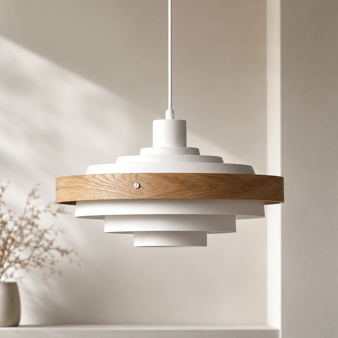 Modern Drum Pendant Light Hanging Adjustable Height Metal and Wood Design LED Compatible 15 Inches