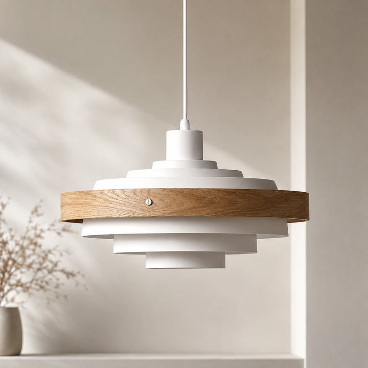 Modern Drum Pendant Light Hanging Adjustable Height Metal and Wood Design LED Compatible 15 Inches