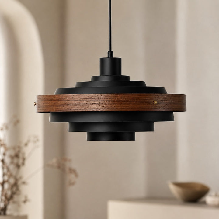 Modern Drum Pendant Light Hanging Adjustable Height Metal and Wood Design LED Compatible 15 Inches