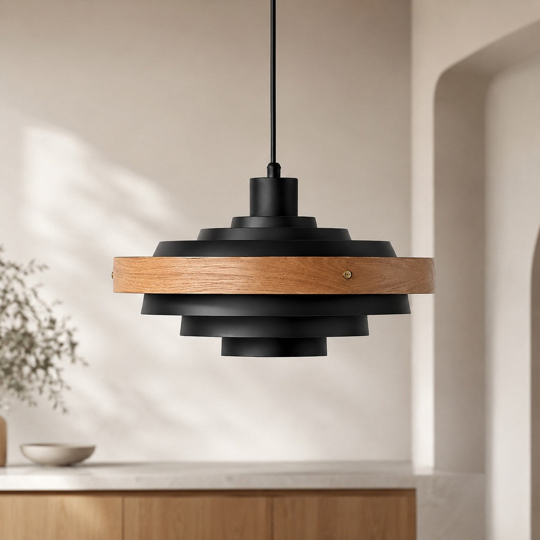 Modern Drum Pendant Light Hanging Adjustable Height Metal and Wood Design LED Compatible 15 Inches