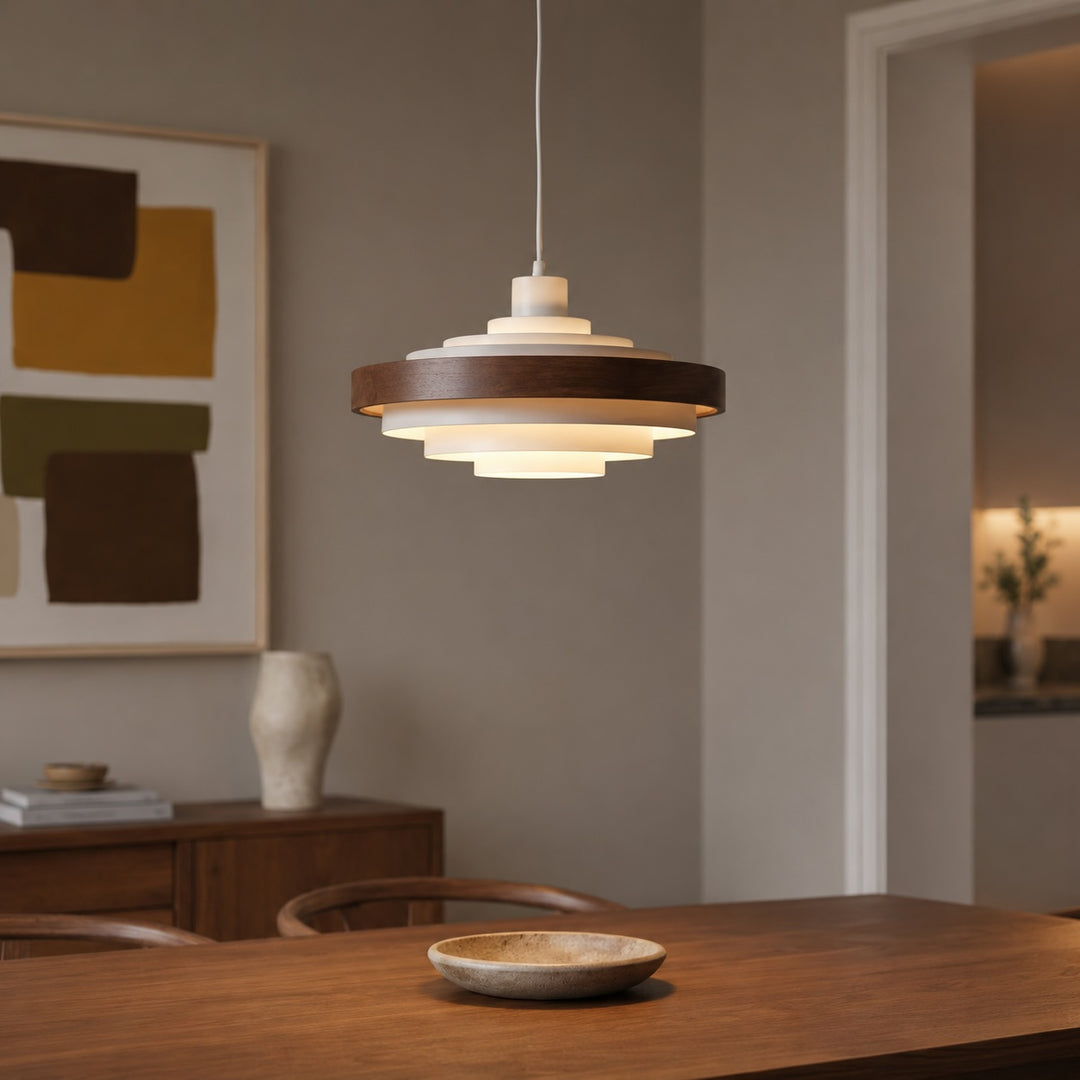 Modern Drum Pendant Light Hanging Adjustable Height Metal and Wood Design LED Compatible 15 Inches