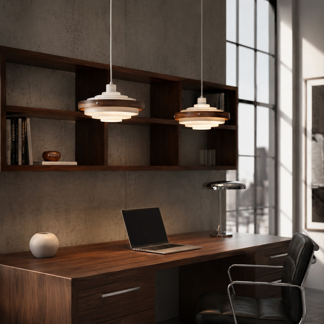 Modern Drum Pendant Light Hanging Adjustable Height Metal and Wood Design LED Compatible 15 Inches