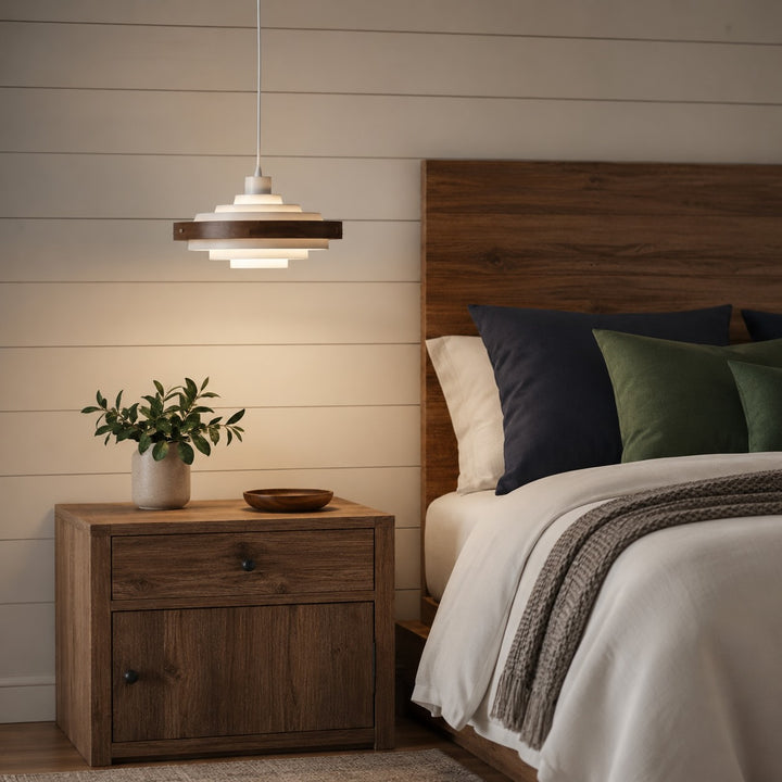 Modern Drum Pendant Light Hanging Adjustable Height Metal and Wood Design LED Compatible 15 Inches