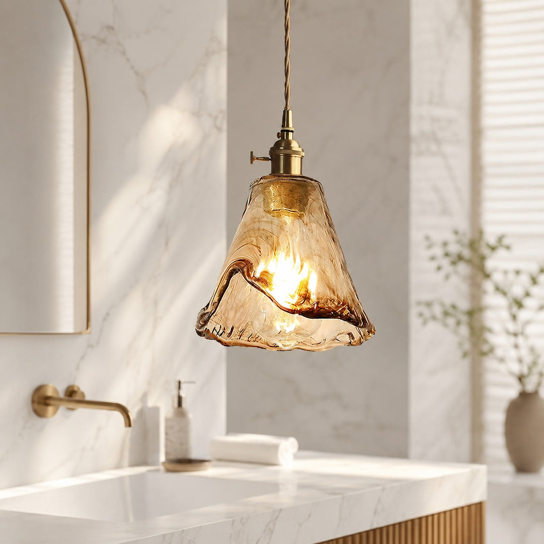 Vintage Brass Pendant Lamp with Adjustable Hanging Amber Glass Shade for Modern Pendant Lighting