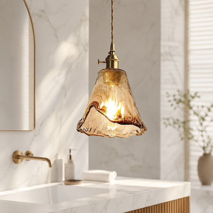 Vintage Brass Pendant Lamp with Adjustable Hanging Amber Glass Shade for Modern Pendant Lighting