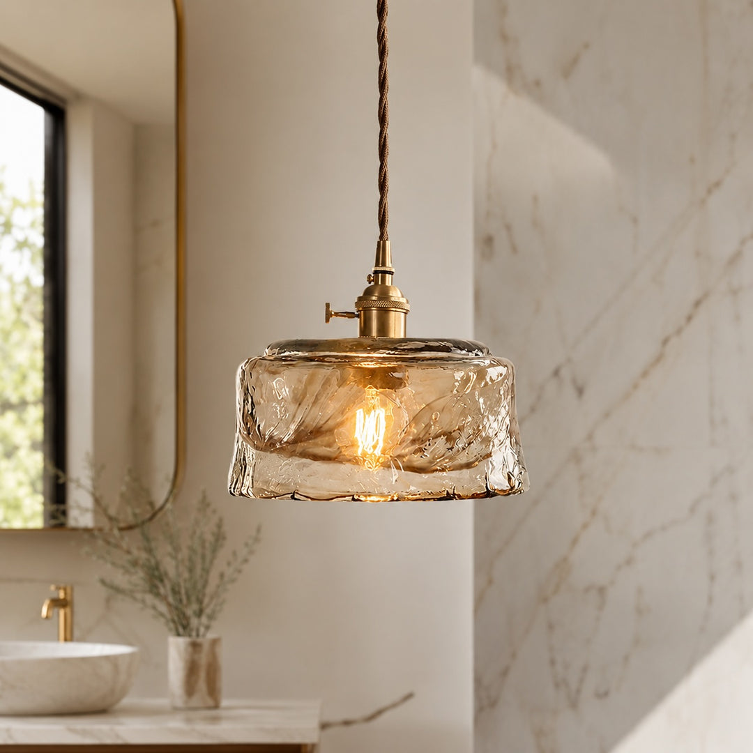 Vintage Brass Pendant Lamp with Adjustable Hanging Amber Glass Shade for Modern Pendant Lighting