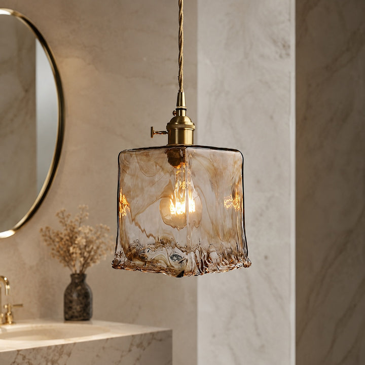 Vintage Brass Pendant Lamp with Adjustable Hanging Amber Glass Shade for Modern Pendant Lighting