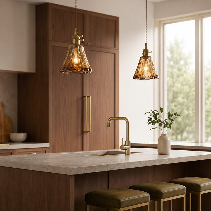 Vintage Brass Pendant Lamp with Adjustable Hanging Amber Glass Shade for Modern Pendant Lighting