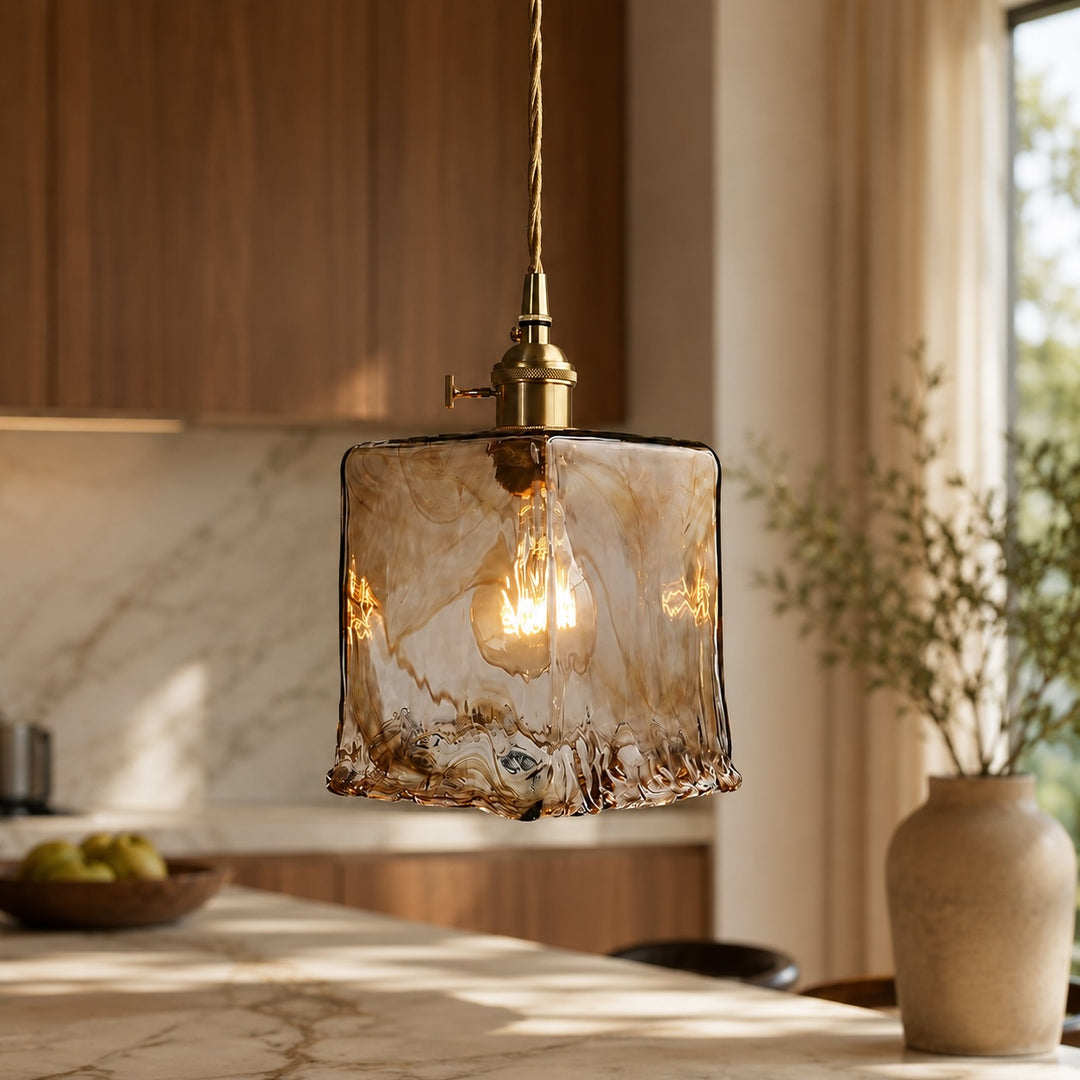 Vintage Brass Pendant Lamp with Adjustable Hanging Amber Glass Shade for Modern Pendant Lighting