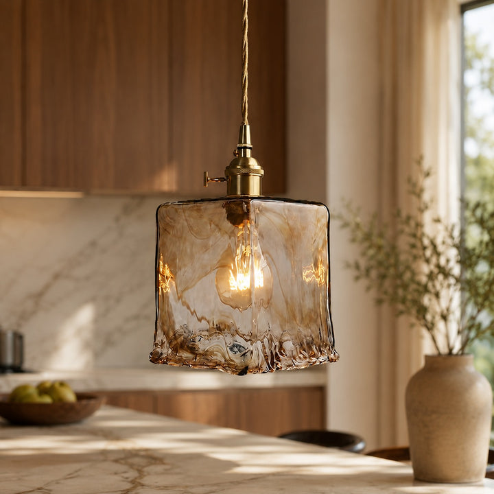 Vintage Brass Pendant Lamp with Adjustable Hanging Amber Glass Shade for Modern Pendant Lighting