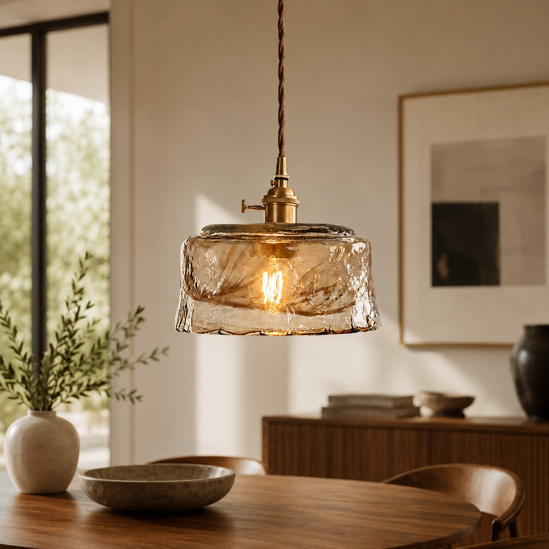 Vintage Brass Pendant Lamp with Adjustable Hanging Amber Glass Shade for Modern Pendant Lighting