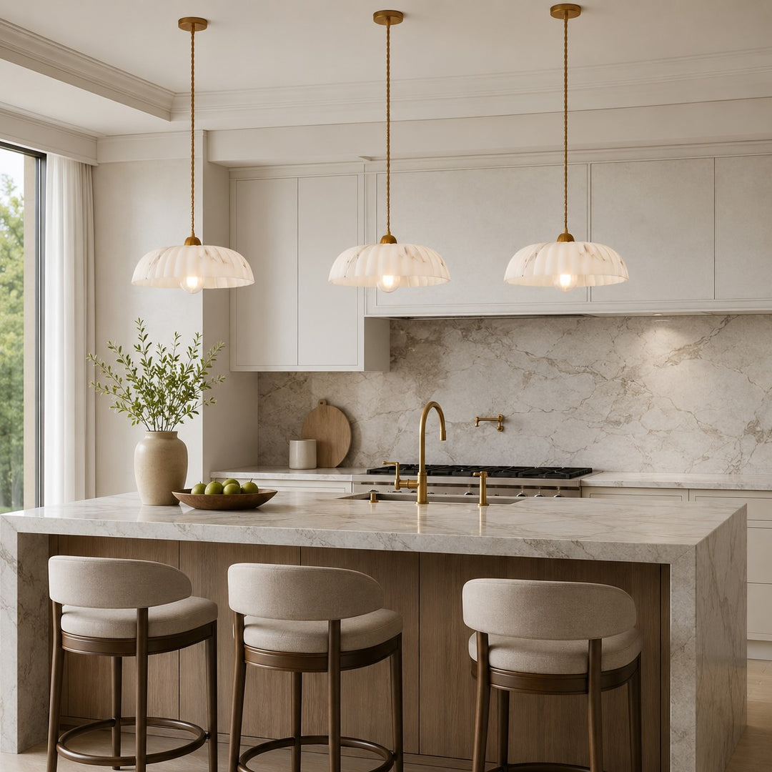 Modern Hanging Pendant Light with Alabaster Shade and Antique Gold Finish for Kitchen Lighting