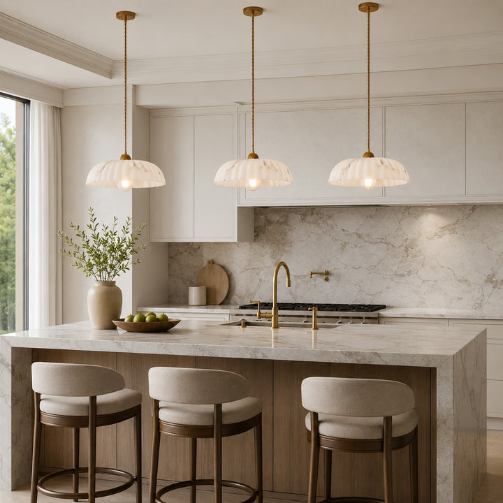 Modern Hanging Pendant Light with Alabaster Shade and Antique Gold Finish for Kitchen Lighting
