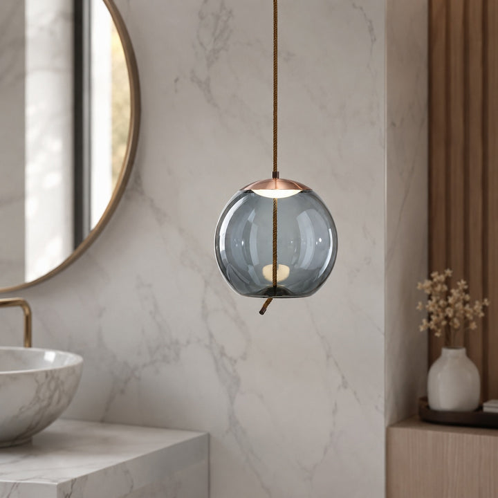 Modern Blown Glass Pendant Light Hanging Fixture with Adjustable LED and Copper Rose Accent
