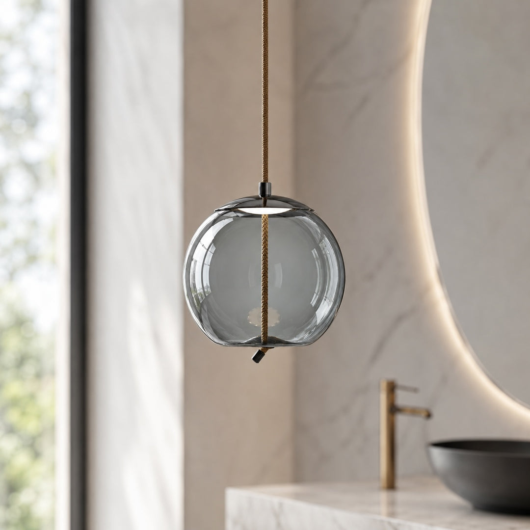 Modern Blown Glass Pendant Light Hanging Fixture with Adjustable LED and Copper Rose Accent
