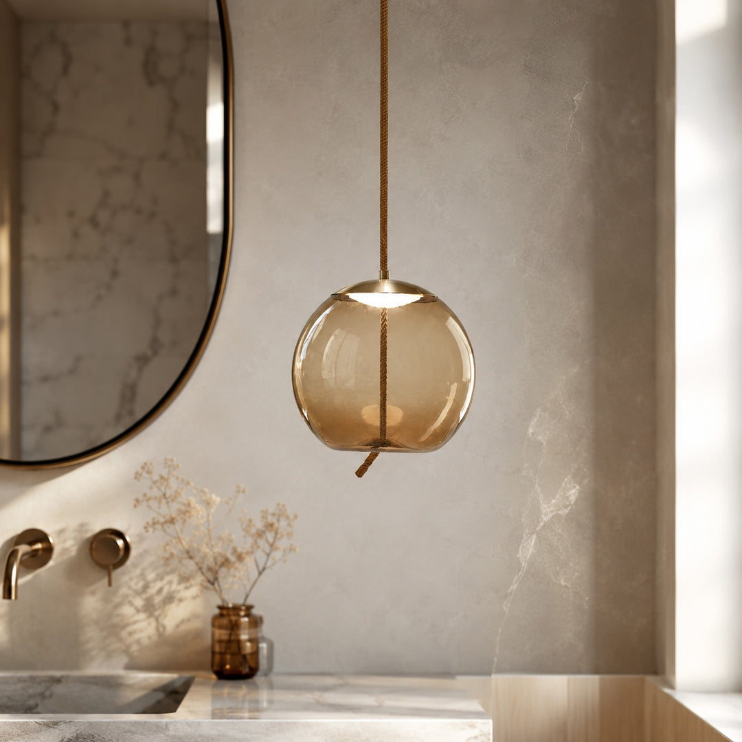 Modern Blown Glass Pendant Light Hanging Fixture with Adjustable LED and Copper Rose Accent