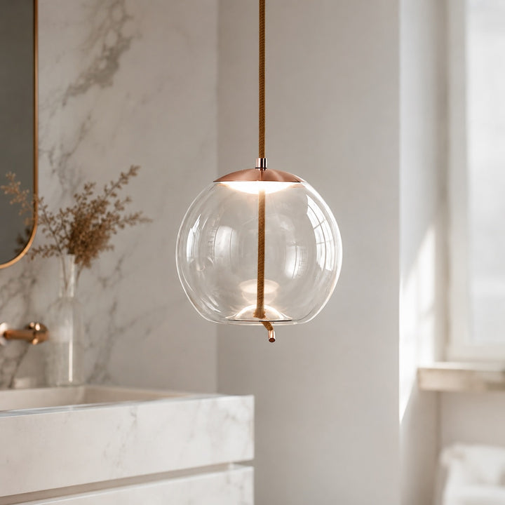 Modern Blown Glass Pendant Light Hanging Fixture with Adjustable LED and Copper Rose Accent