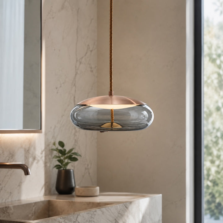 Modern Blown Glass Pendant Light Hanging Fixture with Adjustable LED and Copper Rose Accent