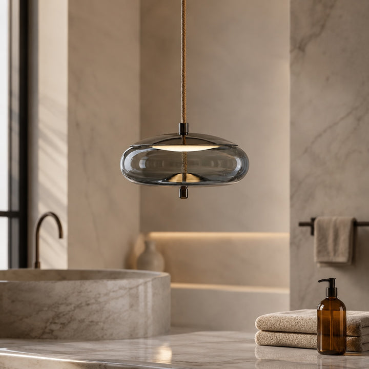 Modern Blown Glass Pendant Light Hanging Fixture with Adjustable LED and Copper Rose Accent