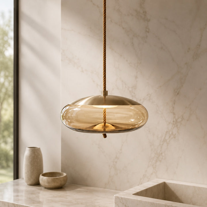 Modern Blown Glass Pendant Light Hanging Fixture with Adjustable LED and Copper Rose Accent