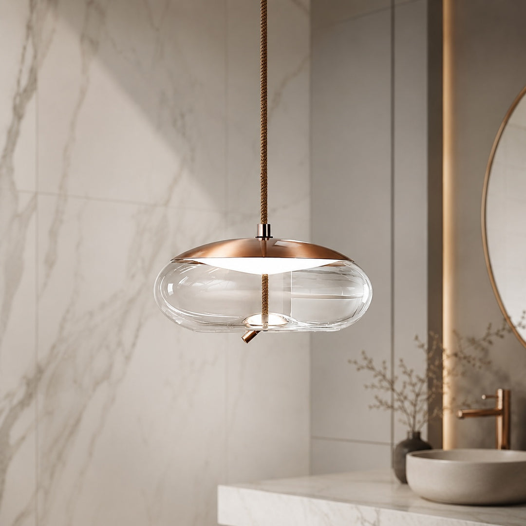 Modern Blown Glass Pendant Light Hanging Fixture with Adjustable LED and Copper Rose Accent