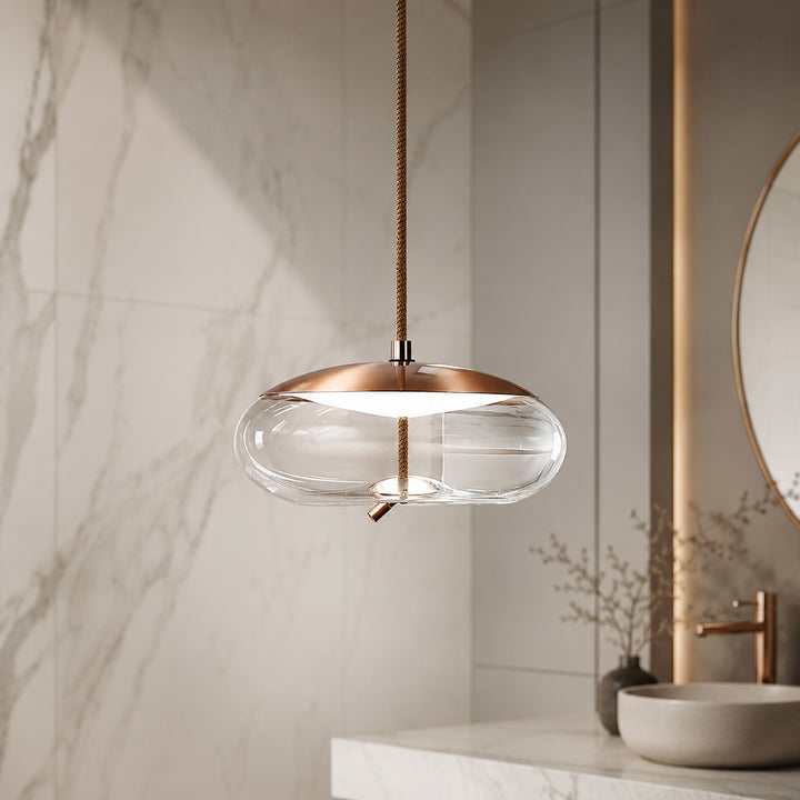 Modern Blown Glass Pendant Light Hanging Fixture with Adjustable LED and Copper Rose Accent