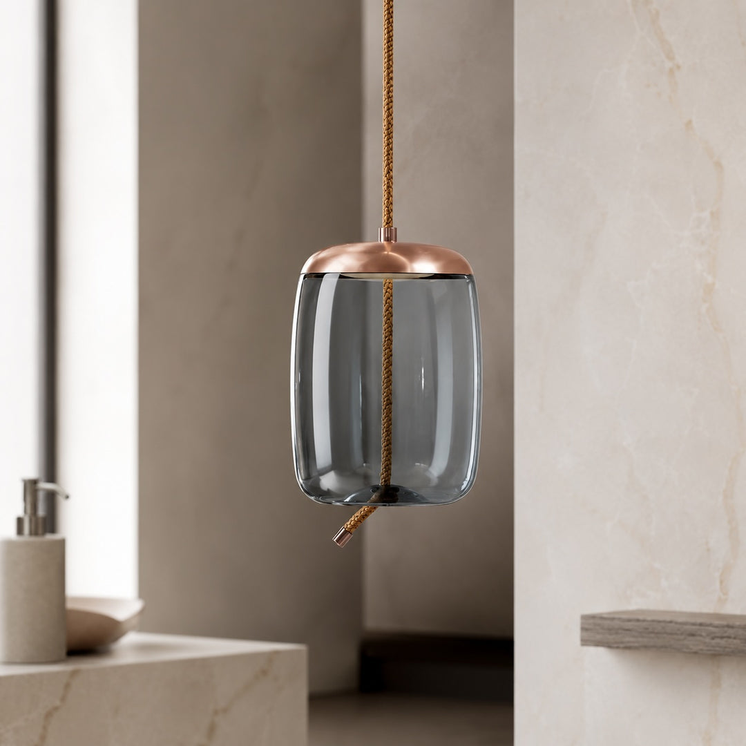 Modern Blown Glass Pendant Light Hanging Fixture with Adjustable LED and Copper Rose Accent