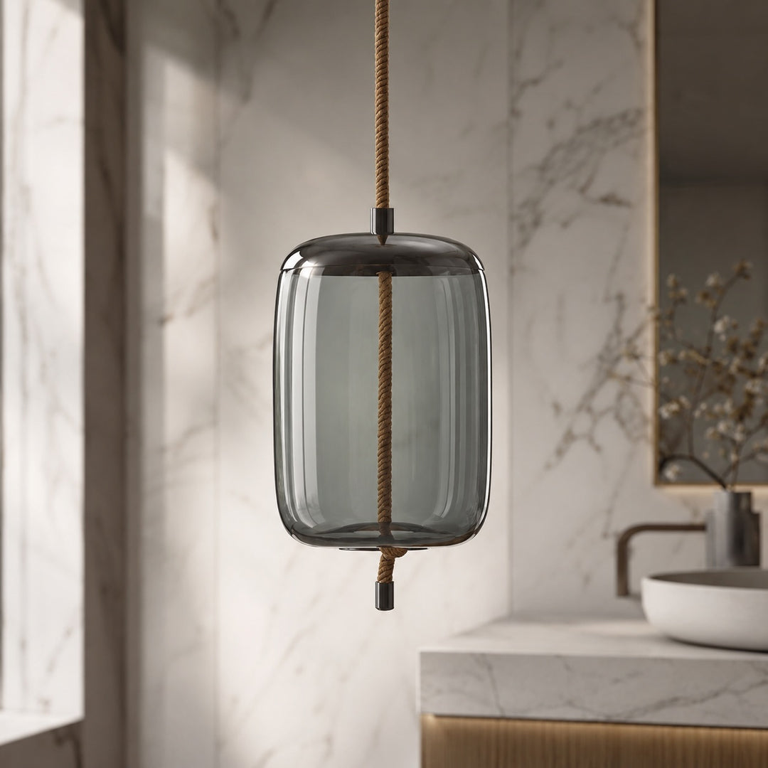 Modern Blown Glass Pendant Light Hanging Fixture with Adjustable LED and Copper Rose Accent