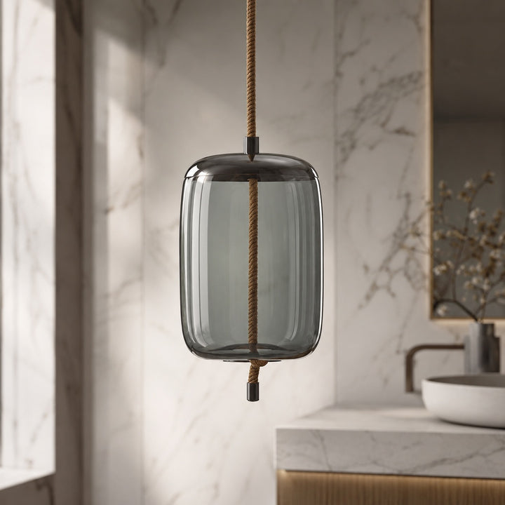 Modern Blown Glass Pendant Light Hanging Fixture with Adjustable LED and Copper Rose Accent