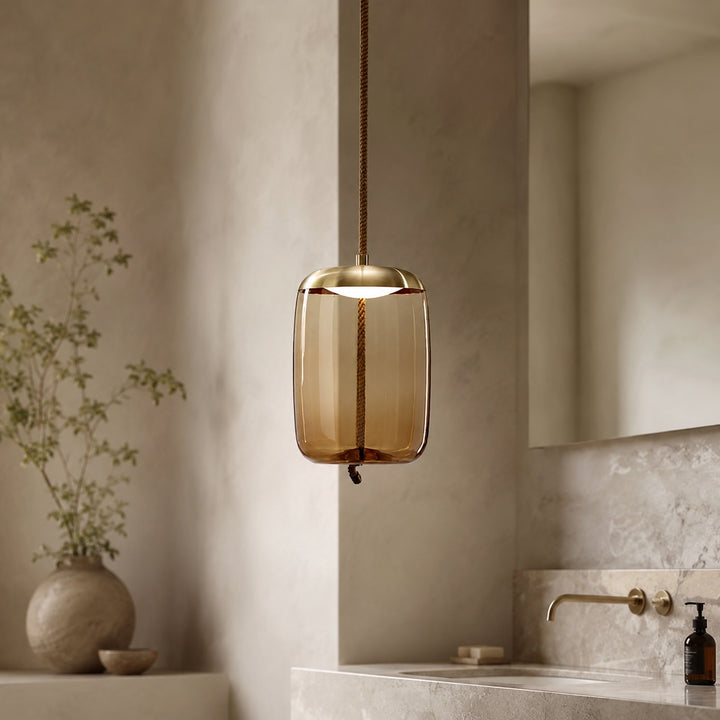 Modern Blown Glass Pendant Light Hanging Fixture with Adjustable LED and Copper Rose Accent