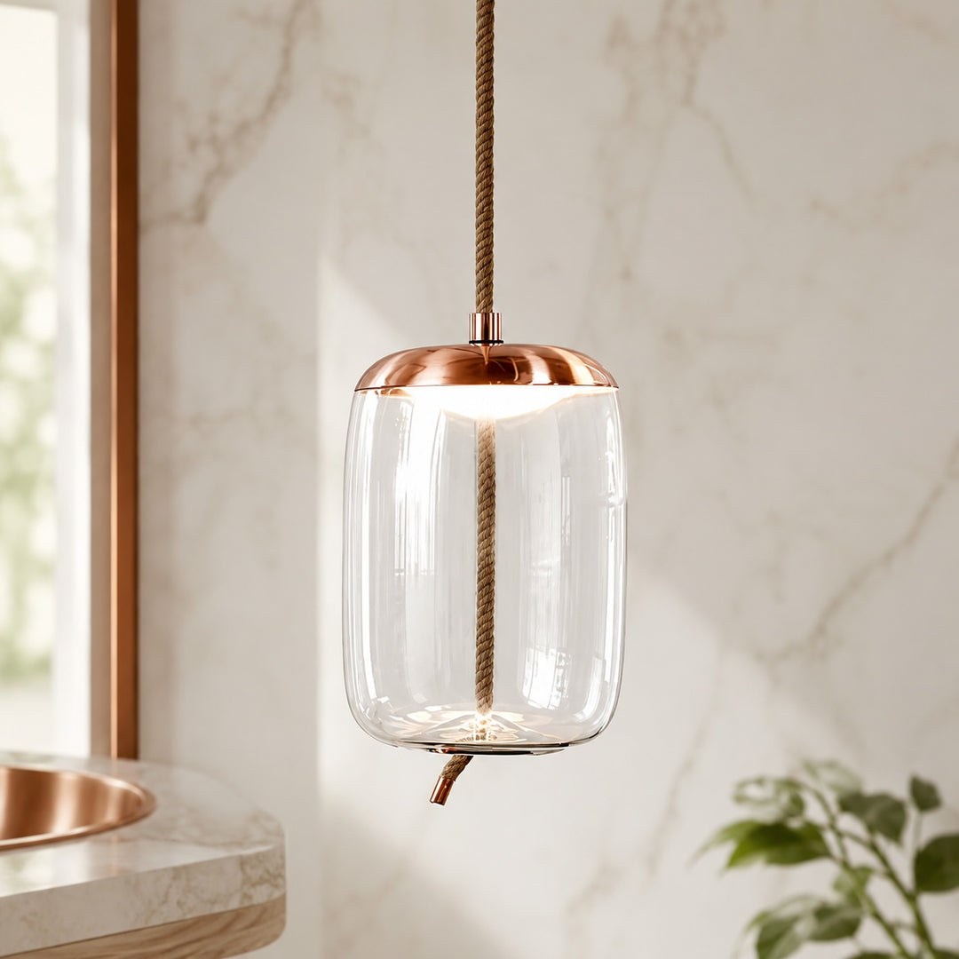 Modern Blown Glass Pendant Light Hanging Fixture with Adjustable LED and Copper Rose Accent