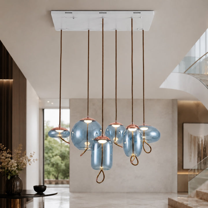Modern Blown Glass Pendant Light Hanging Fixture with Adjustable LED and Copper Rose Accent