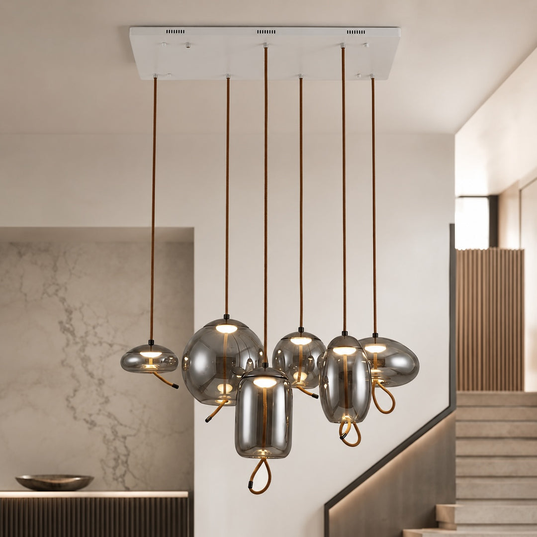 Modern Blown Glass Pendant Light Hanging Fixture with Adjustable LED and Copper Rose Accent