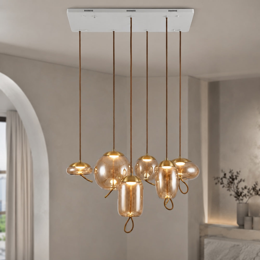 Modern Blown Glass Pendant Light Hanging Fixture with Adjustable LED and Copper Rose Accent