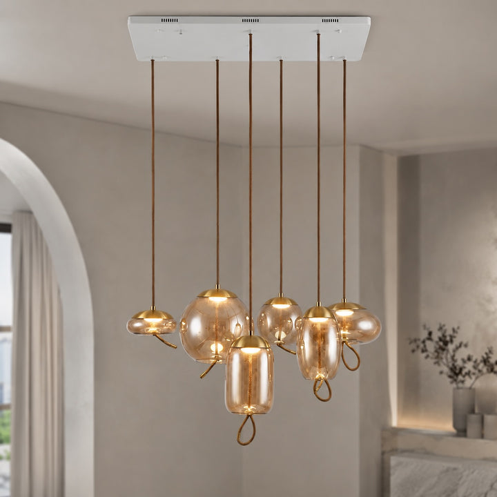Modern Blown Glass Pendant Light Hanging Fixture with Adjustable LED and Copper Rose Accent