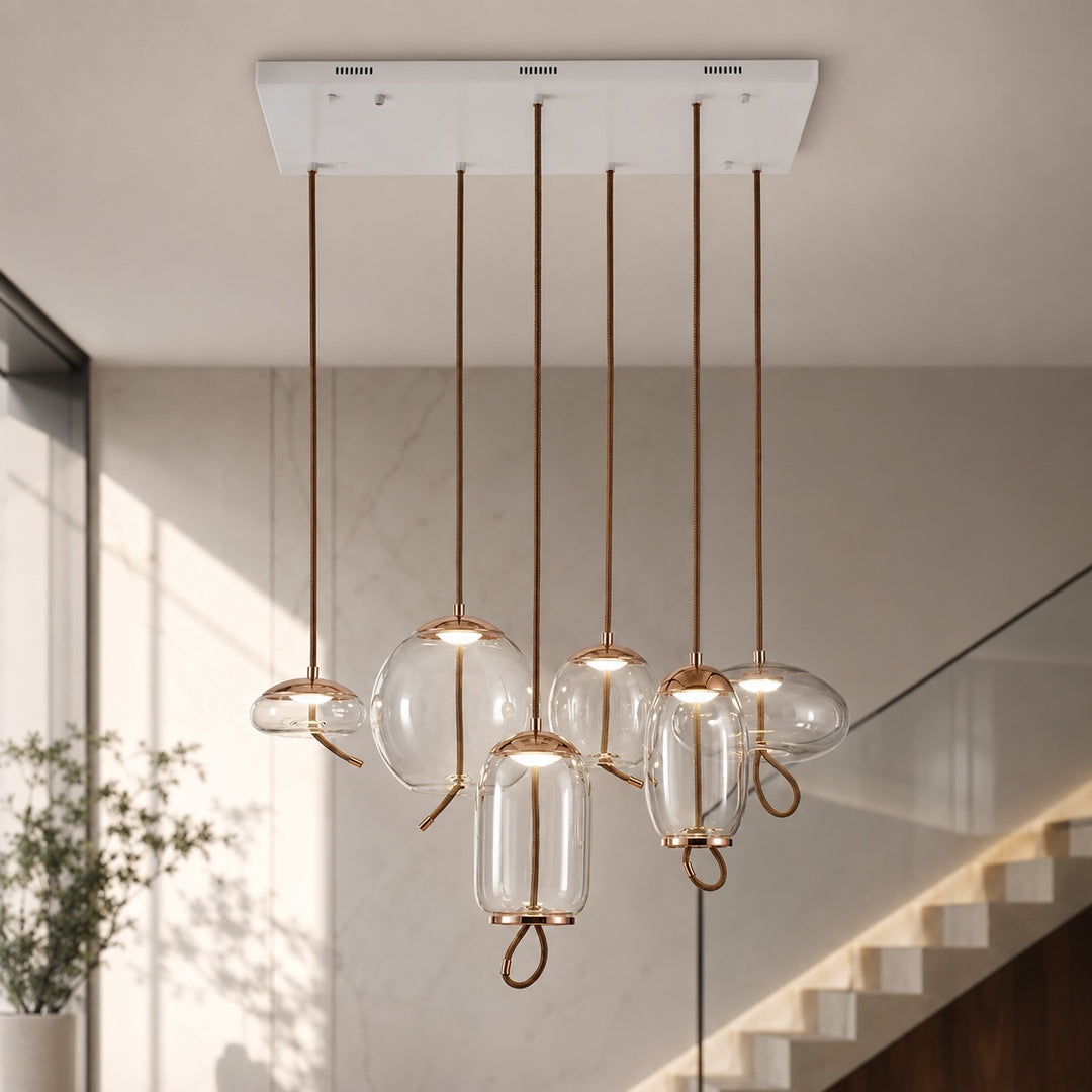 Modern Blown Glass Pendant Light Hanging Fixture with Adjustable LED and Copper Rose Accent
