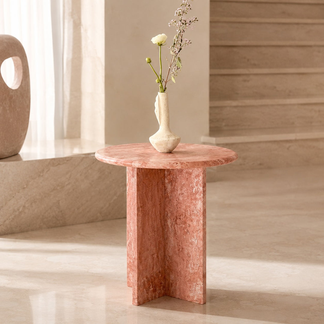 Minimalist Round Side Table in Natural Travertine with Intersecting Base for Compact Spaces