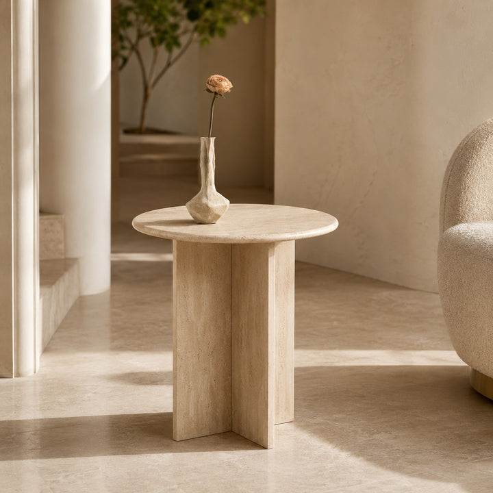 Minimalist Round Side Table in Natural Travertine with Intersecting Base for Compact Spaces