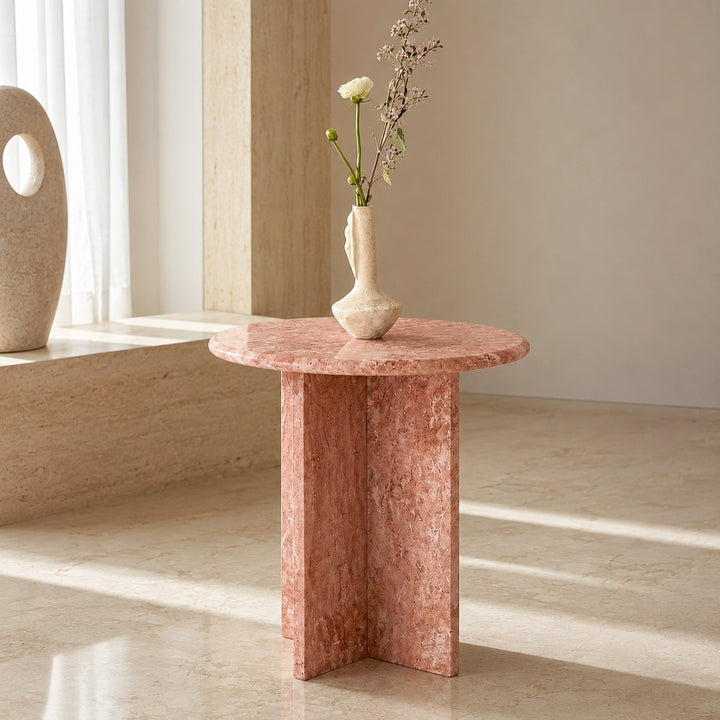Minimalist Round Side Table in Natural Travertine with Intersecting Base for Compact Spaces