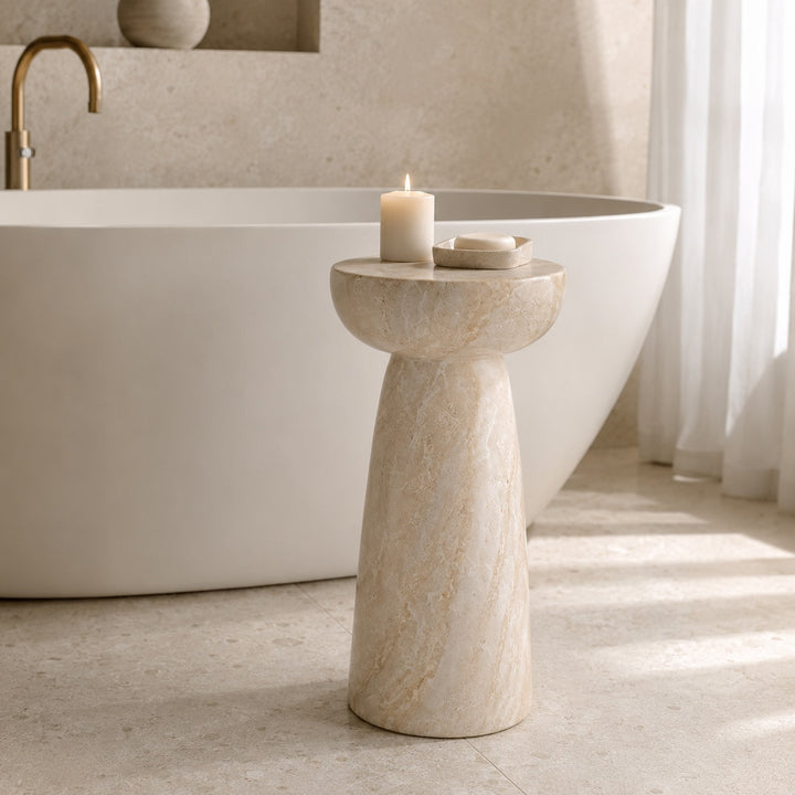 Modern Round Side Table Lightweight Design Faux Marble Finish Durable Glass Top