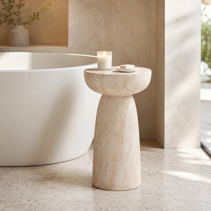 Modern Round Side Table Lightweight Design Faux Marble Finish Durable Glass Top