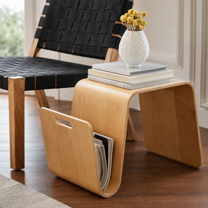 Modern Minimalist Bedside Table Solid Pine Wood Compact N-Shape with Open Shelf Storage